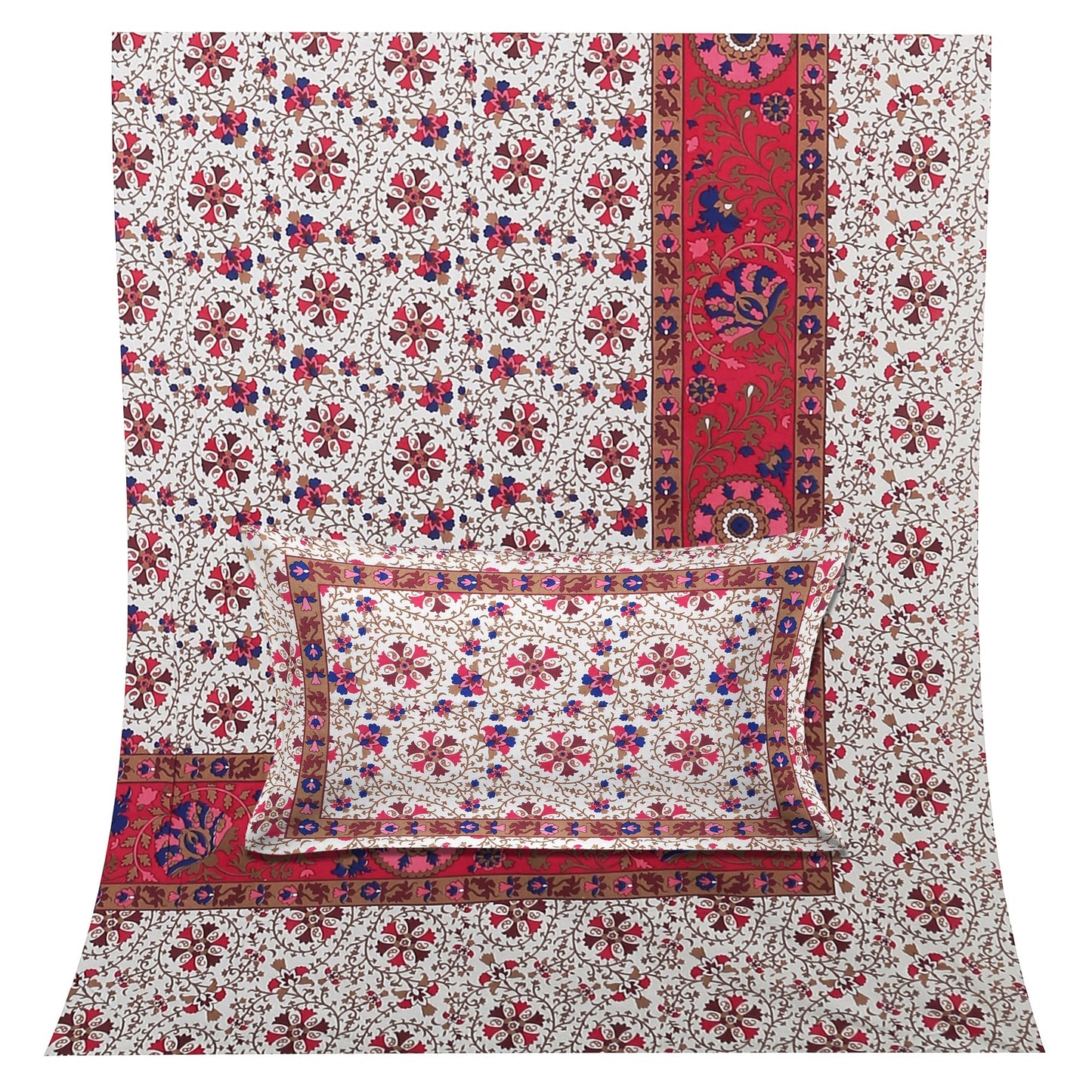 108/108 Suzani Print 100% Cotton Jumbo Size Double Bedsheet with 2 Pillow Covers, Stunning Handcrafted Look - HLB73