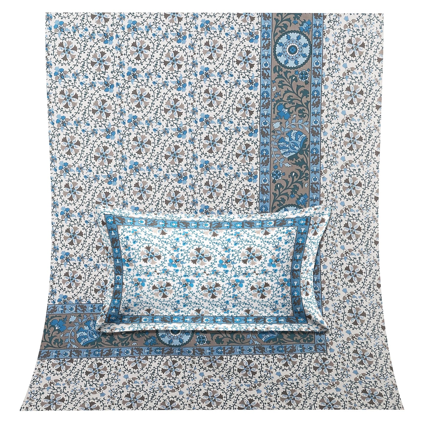 108/108 Suzani Print 100% Cotton Jumbo Size Double Bedsheet with 2 Pillow Covers, Stunning Handcrafted Look - HLB73