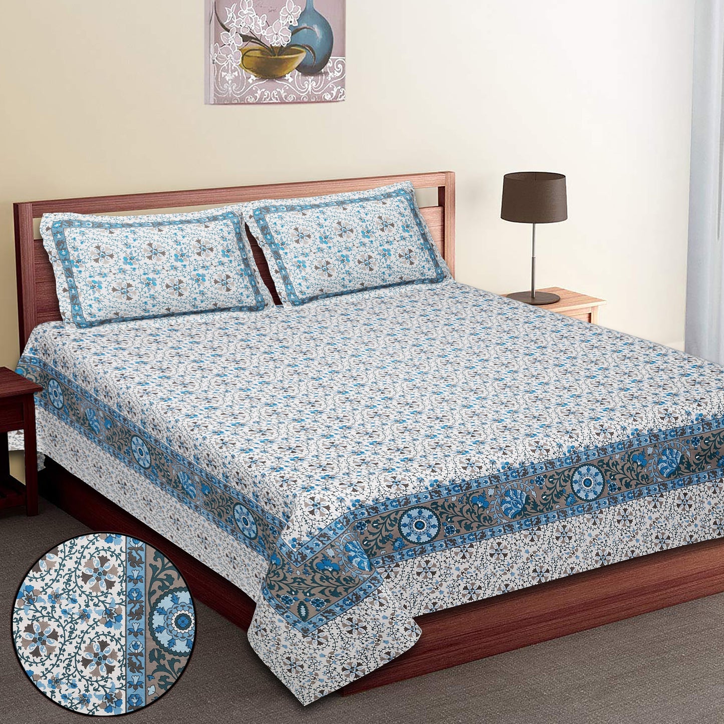 108/108 Suzani Print 100% Cotton Jumbo Size Double Bedsheet with 2 Pillow Covers, Stunning Handcrafted Look - HLB73