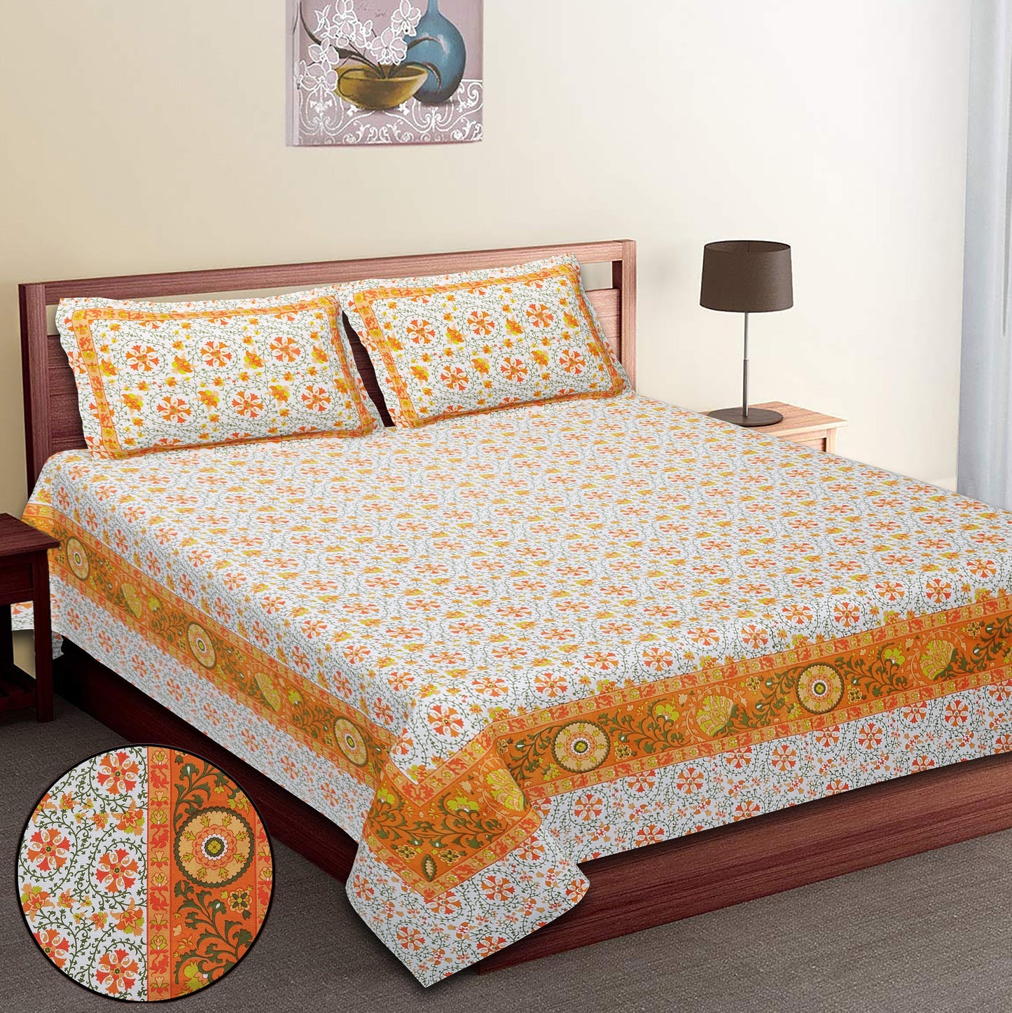 108/108 Suzani Print 100% Cotton Jumbo Size Double Bedsheet with 2 Pillow Covers, Stunning Handcrafted Look - HLB73