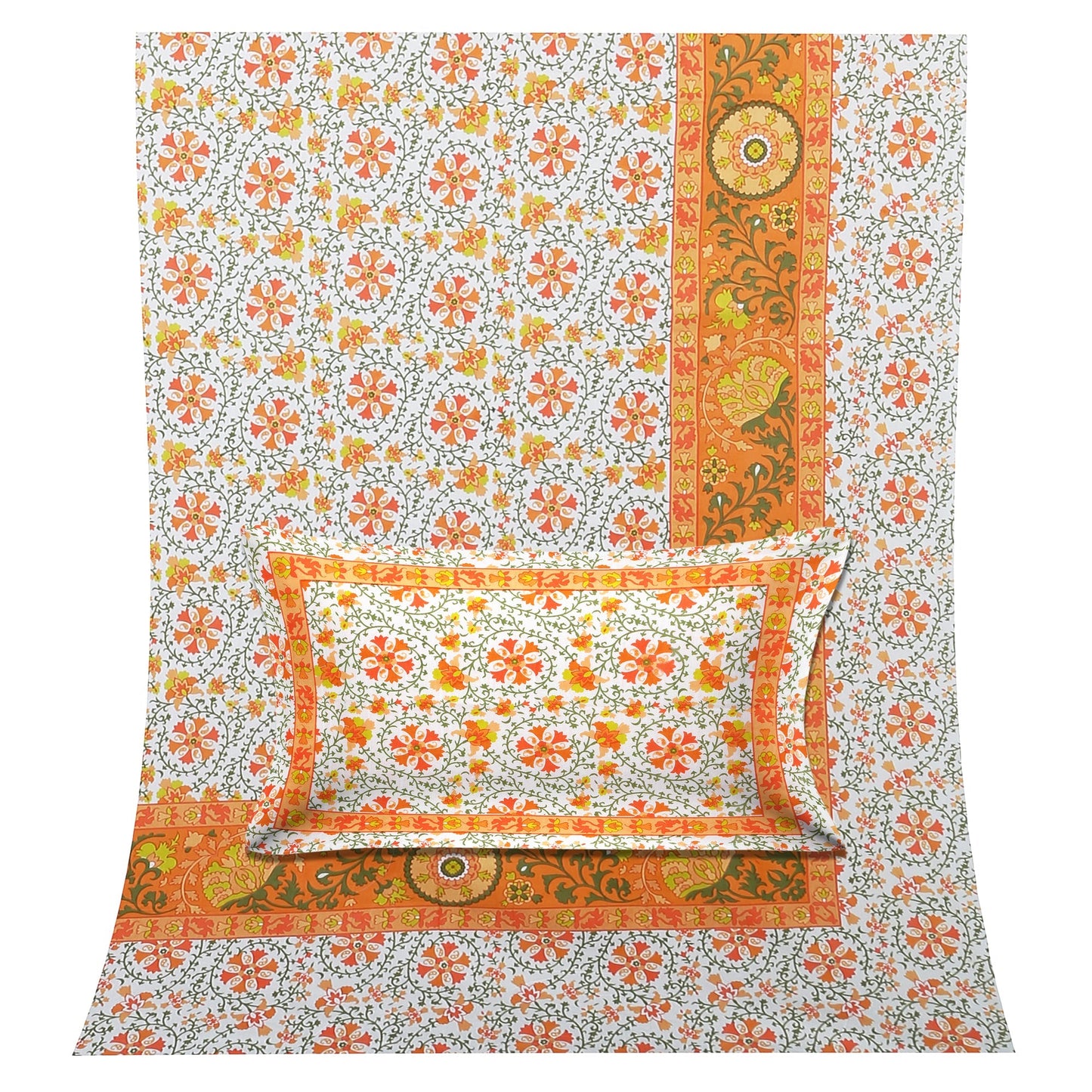 108/108 Suzani Print 100% Cotton Jumbo Size Double Bedsheet with 2 Pillow Covers, Stunning Handcrafted Look - HLB73
