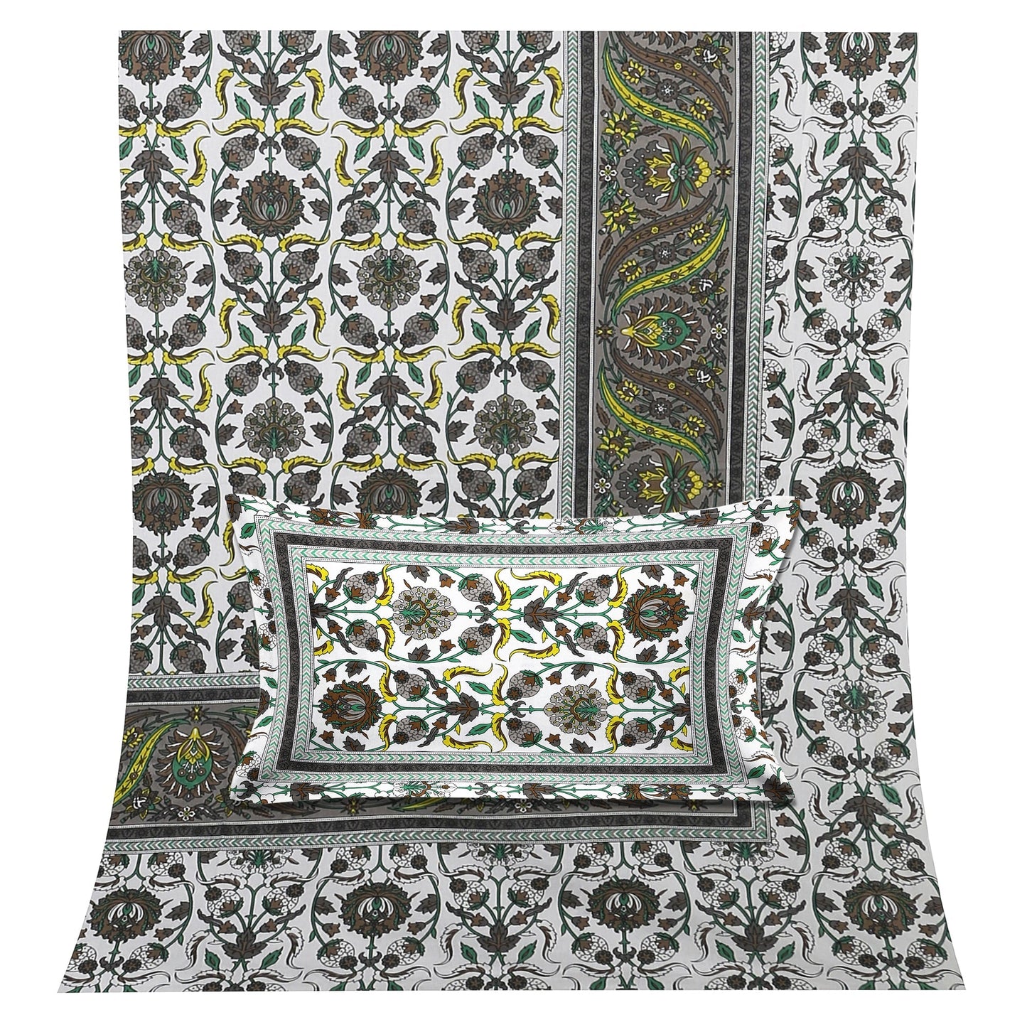 108/108 Suzani Print 100% Cotton Jumbo Size Double Bedsheet with 2 Pillow Covers, Stunning Handcrafted Look - HLB73