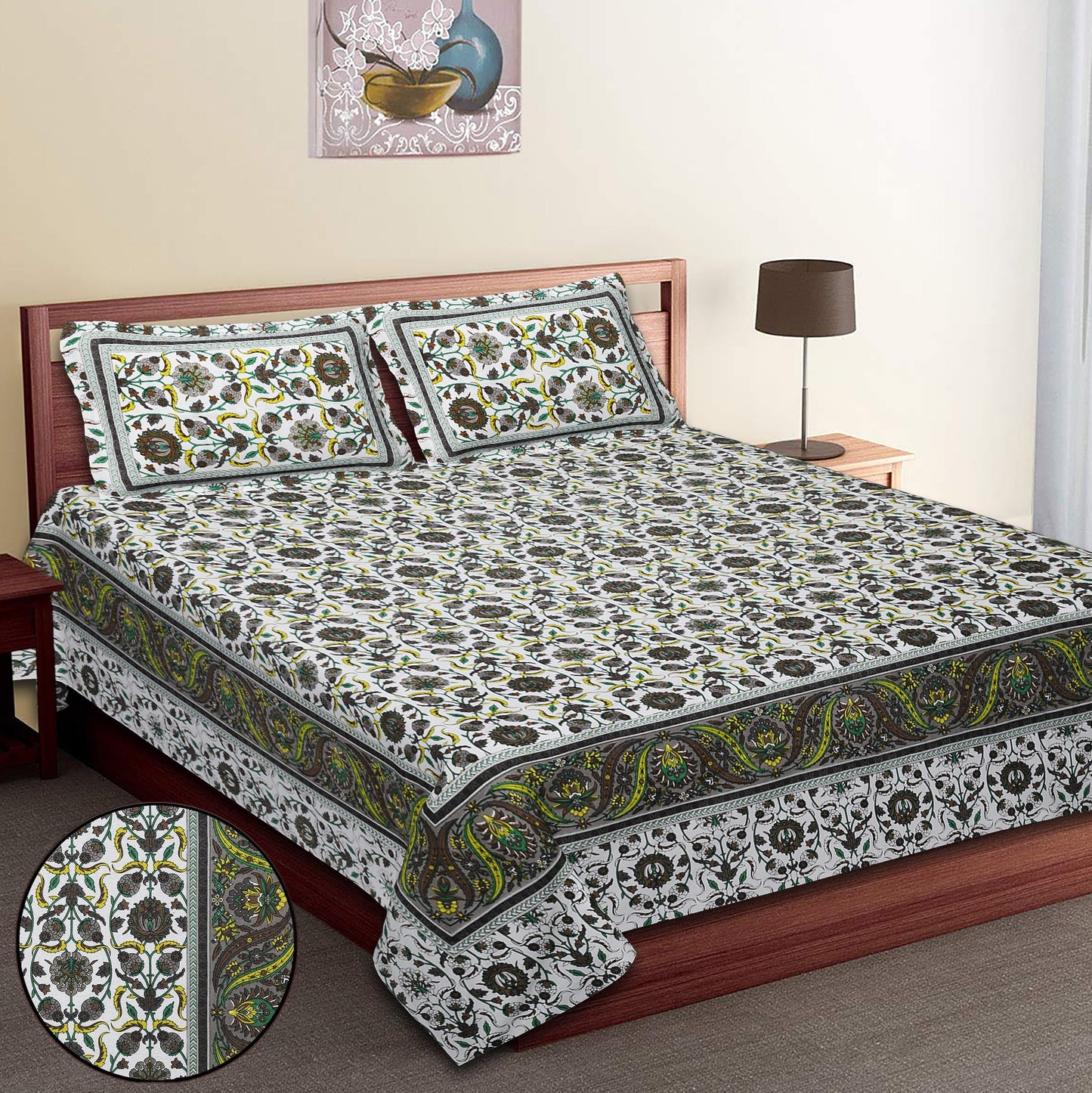108/108 Suzani Print 100% Cotton Jumbo Size Double Bedsheet with 2 Pillow Covers, Stunning Handcrafted Look - HLB73