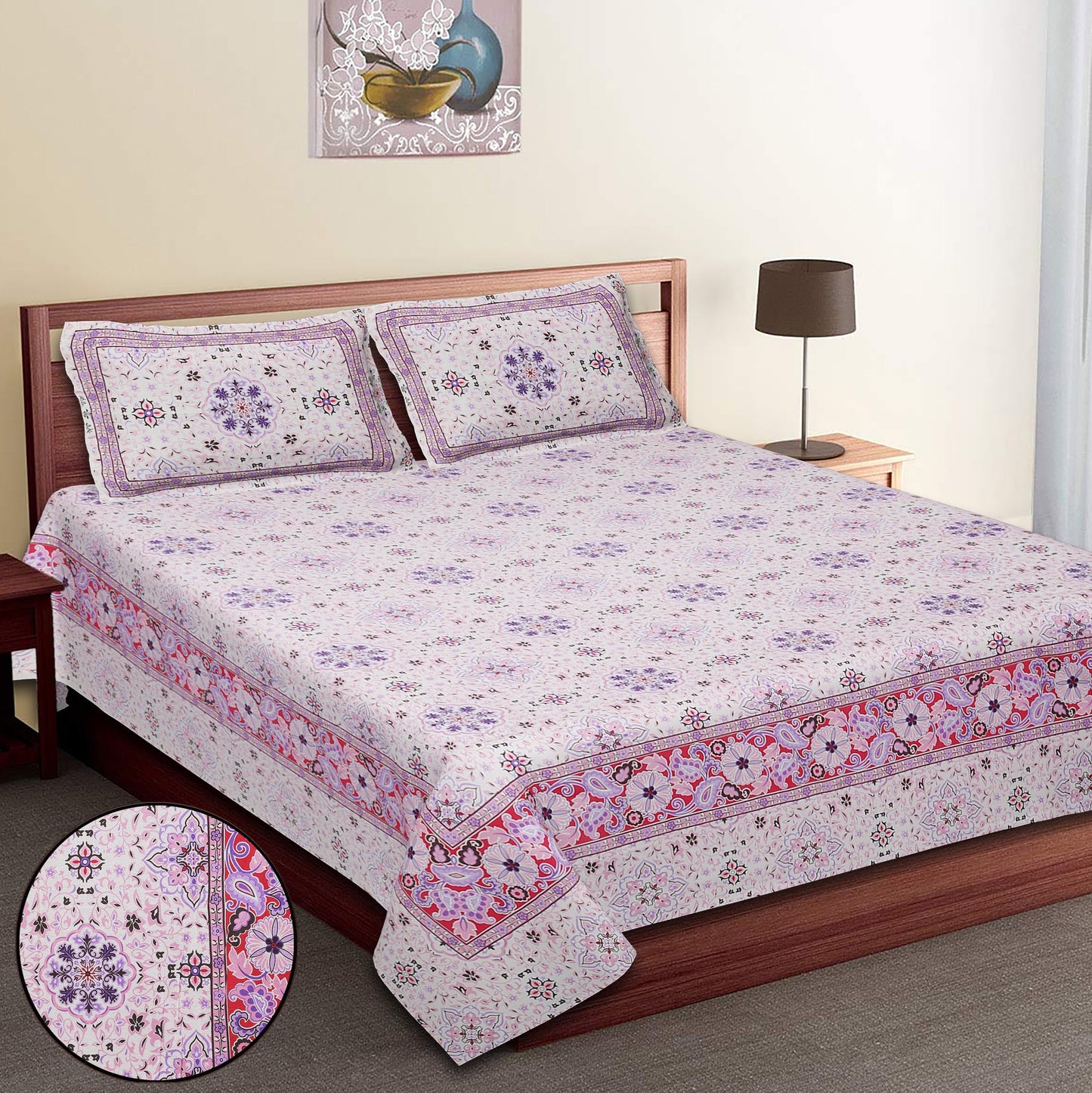 108/108 Suzani Print 100% Cotton Jumbo Size Double Bedsheet with 2 Pillow Covers, Stunning Handcrafted Look - HLB73