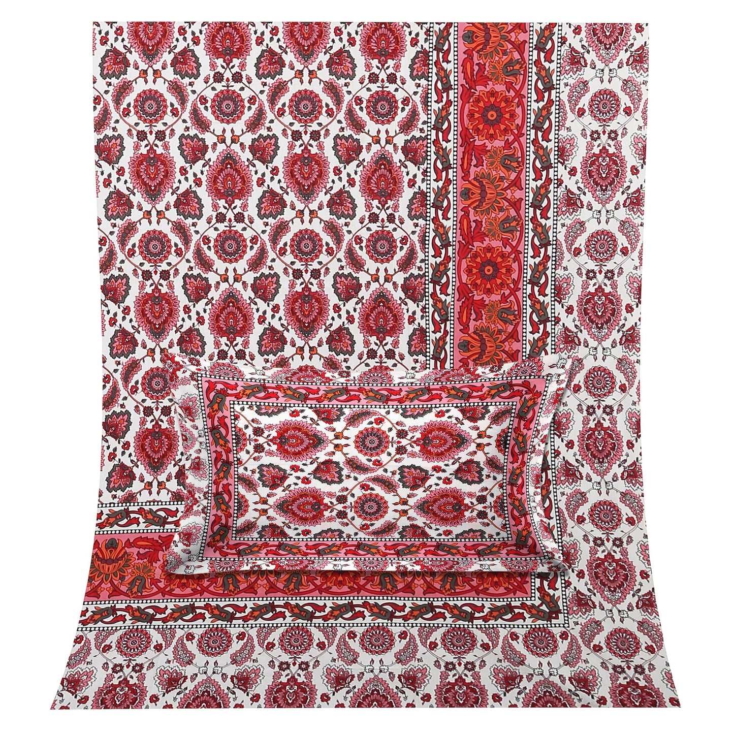 108/108 Suzani Print 100% Cotton Jumbo Size Double Bedsheet with 2 Pillow Covers, Stunning Handcrafted Look - HLB73