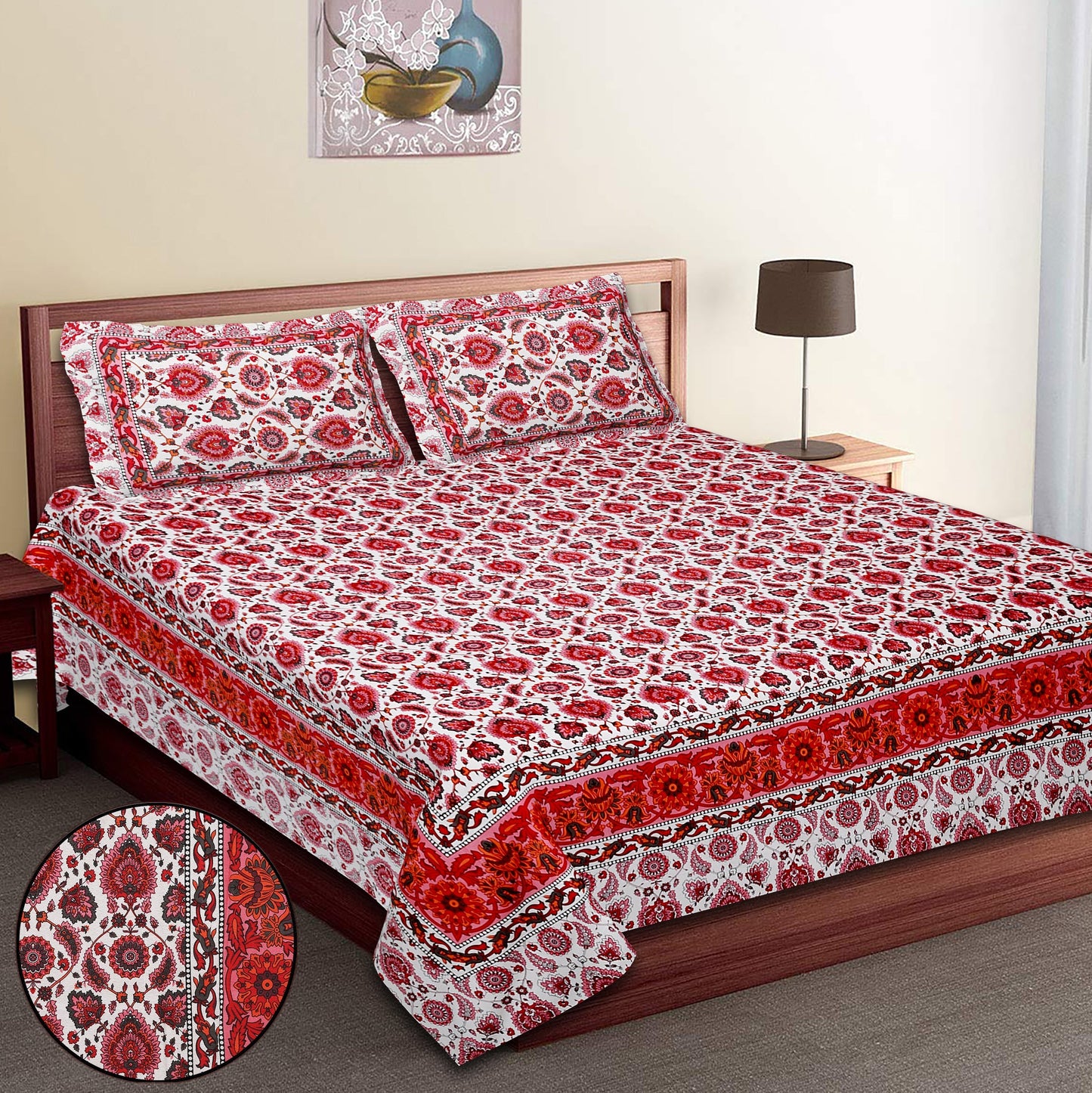 108/108 Suzani Print 100% Cotton Jumbo Size Double Bedsheet with 2 Pillow Covers, Stunning Handcrafted Look - HLB73