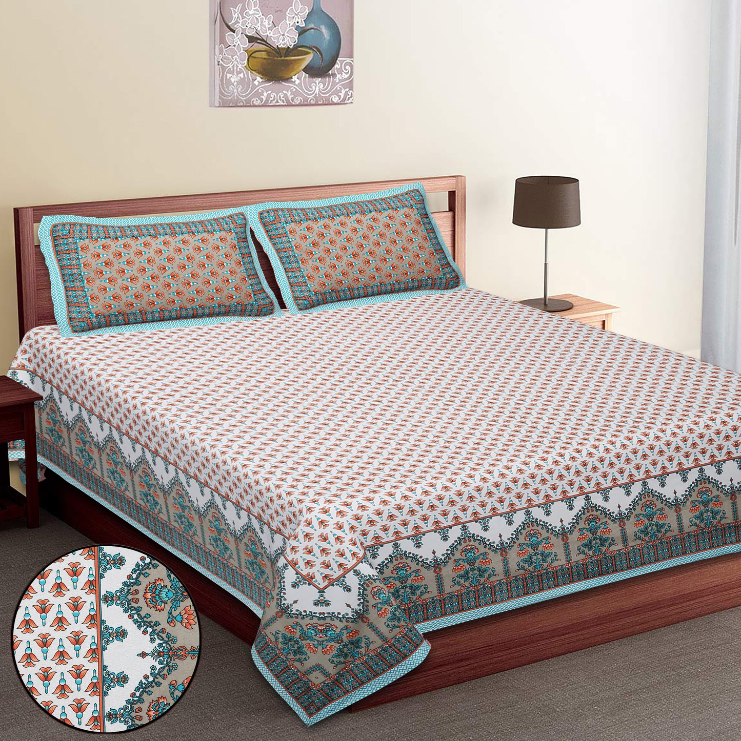 100/108 Utsav 100% Cotton Super King Size Double Bedsheet with 2 Pillow Covers, Festive & Vibrant Design - HLB46