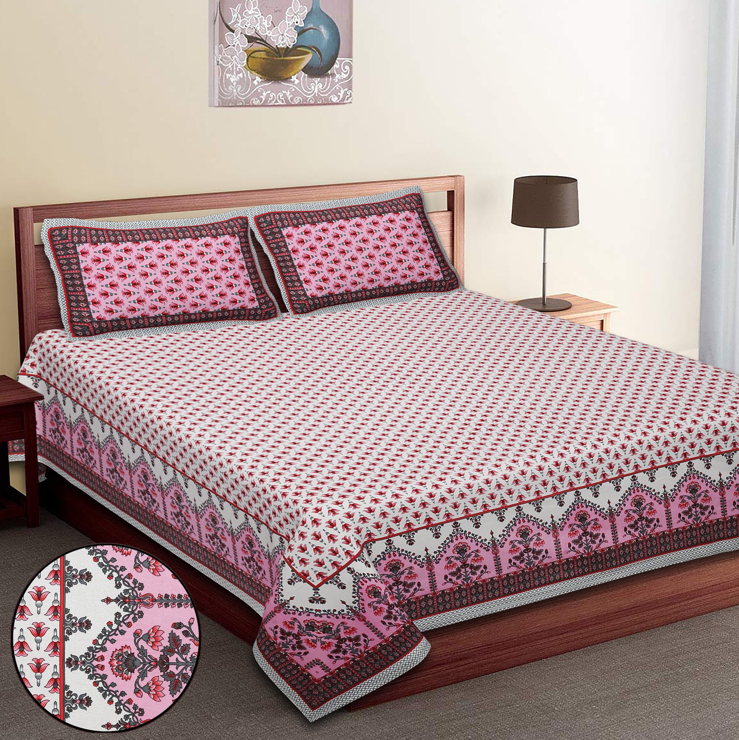 100/108 Utsav 100% Cotton Super King Size Double Bedsheet with 2 Pillow Covers, Festive & Vibrant Design - HLB46