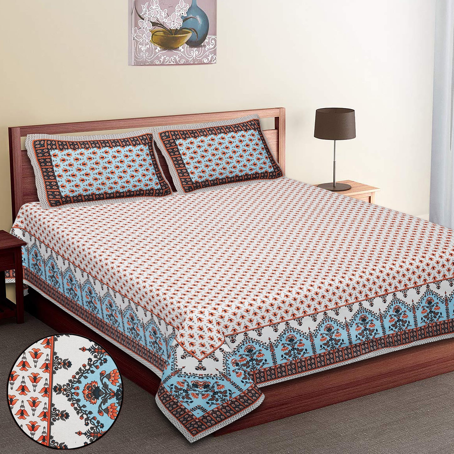 100/108 Utsav 100% Cotton Super King Size Double Bedsheet with 2 Pillow Covers, Festive & Vibrant Design - HLB46