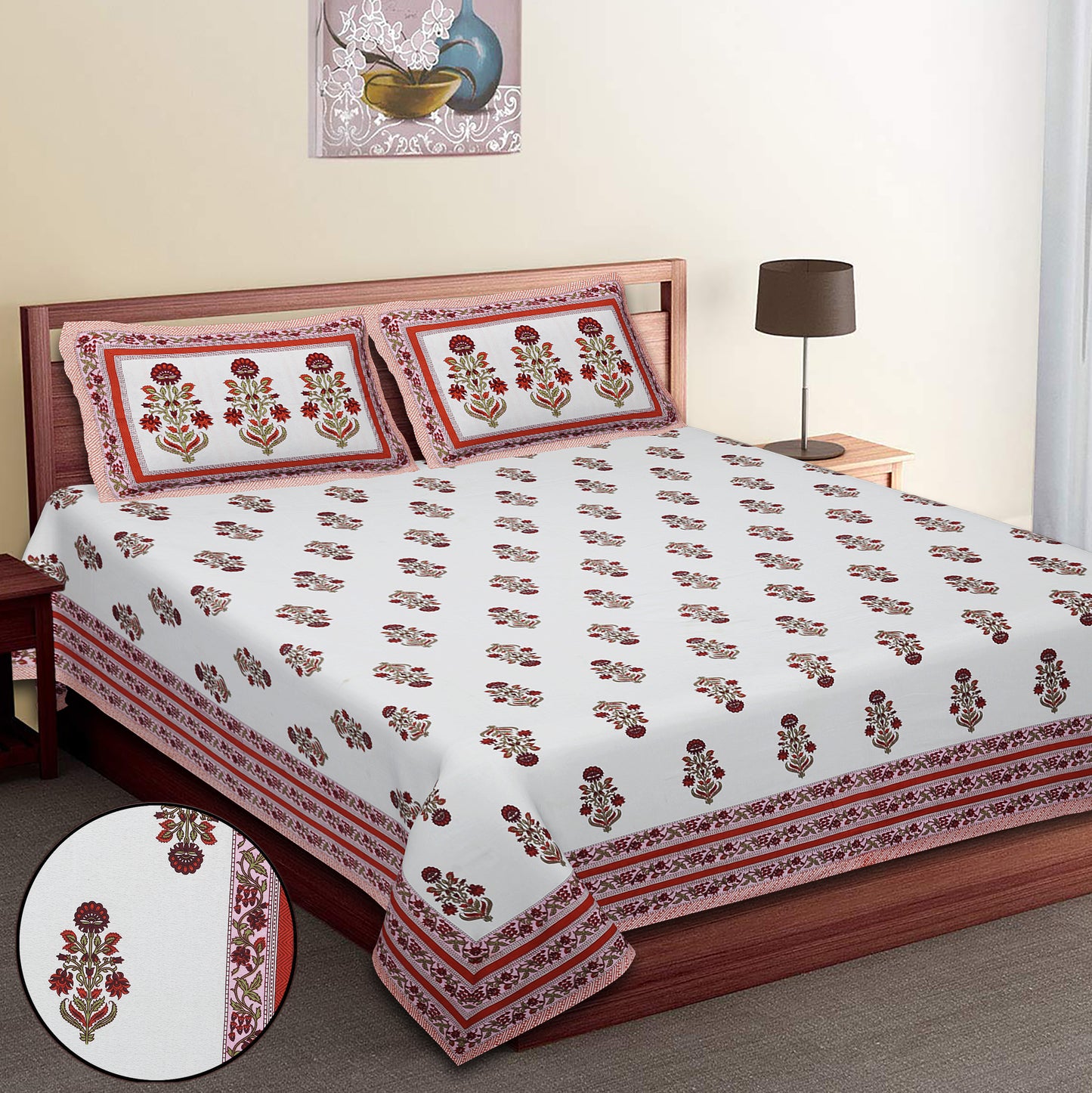 100/108 Utsav 100% Cotton Super King Size Double Bedsheet with 2 Pillow Covers, Festive & Vibrant Design - HLB46