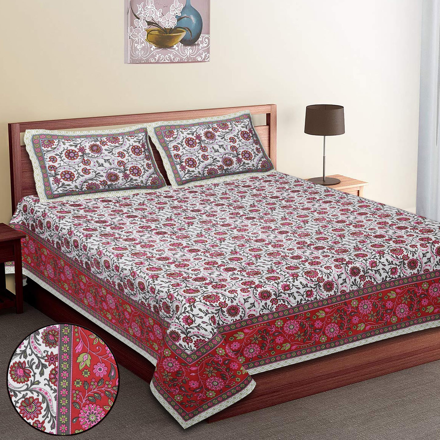100/108 Utsav 100% Cotton Super King Size Double Bedsheet with 2 Pillow Covers, Festive & Vibrant Design - HLB46