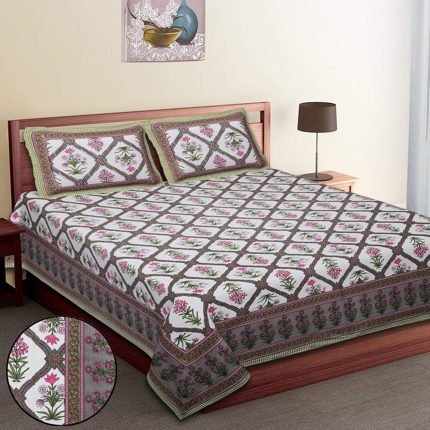 100/108 Utsav 100% Cotton Super King Size Double Bedsheet with 2 Pillow Covers, Festive & Vibrant Design - HLB46