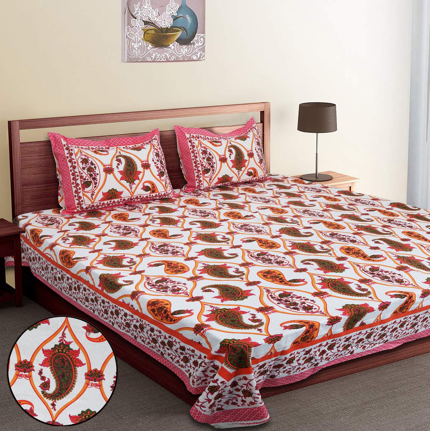 100/108 Utsav 100% Cotton Super King Size Double Bedsheet with 2 Pillow Covers, Festive & Vibrant Design - HLB46