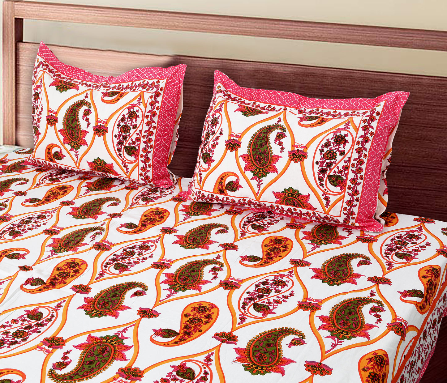 100/108 Utsav 100% Cotton Super King Size Double Bedsheet with 2 Pillow Covers, Festive & Vibrant Design - HLB46