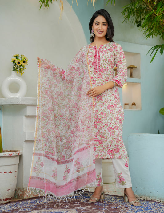 Hand Block Printed Floral Cotton Kurta Set with Kota Doria Dupatta - HL00