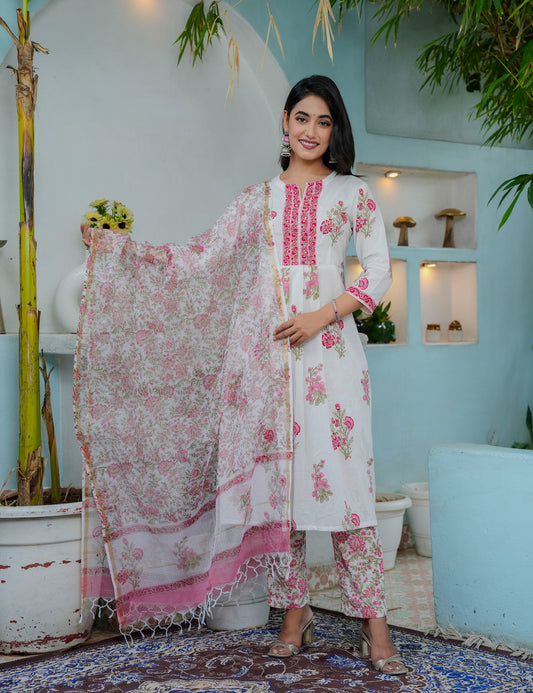 Hand Block Elegant Floral Print A-Line Kurta Set with Kota Doria Dupatta  - HL02