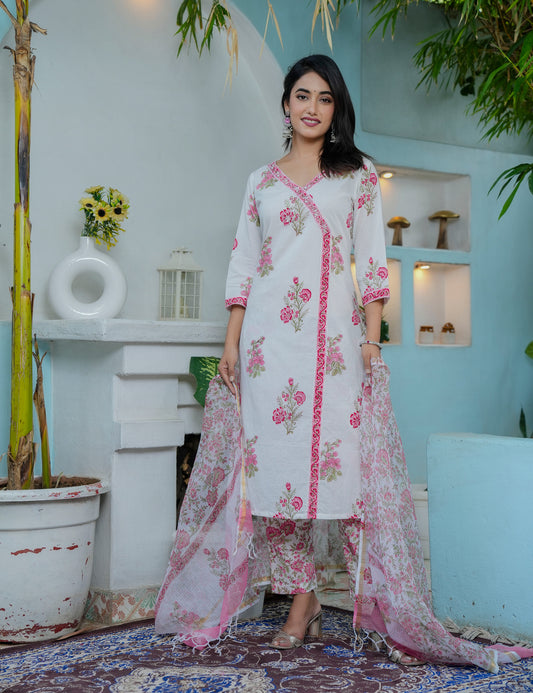 Hand Block Women Cotton Pink V-neck Kurta Set with Kota Doria Dupatta  - HL04