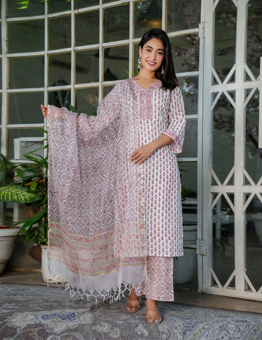 Ivory Maroon Buti Hand Block Cotton V-neck Kurta Set with Kota Doria Dupatta - HL105