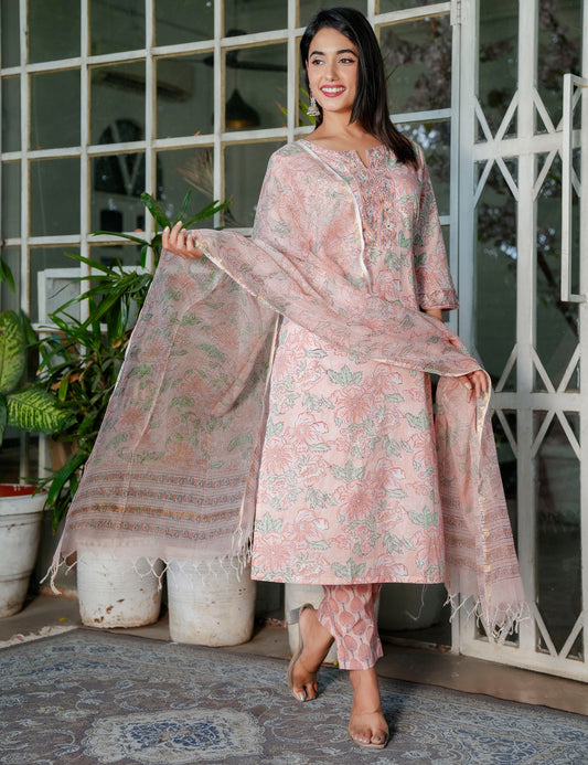 Pastel Peach Floral Handblock Straight Cut Cotton Kurta Set with Kota-Doria Dupatta - HL106