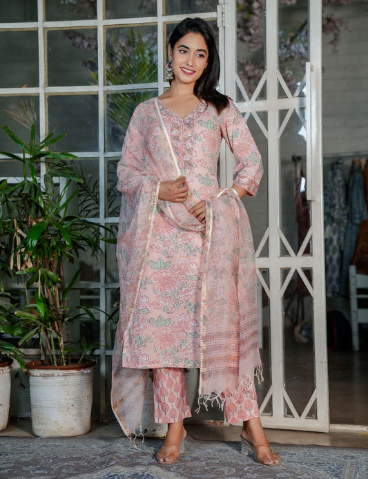 Pastel Peach Floral Handblock V-neck Cotton Kurta Set with Kota-Doria Dupatta - HL107