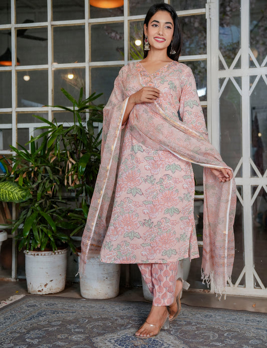 Pastel Peach Floral Handblock V-neck Cotton Kurta Set with Kota-Doria Dupatta - HL108