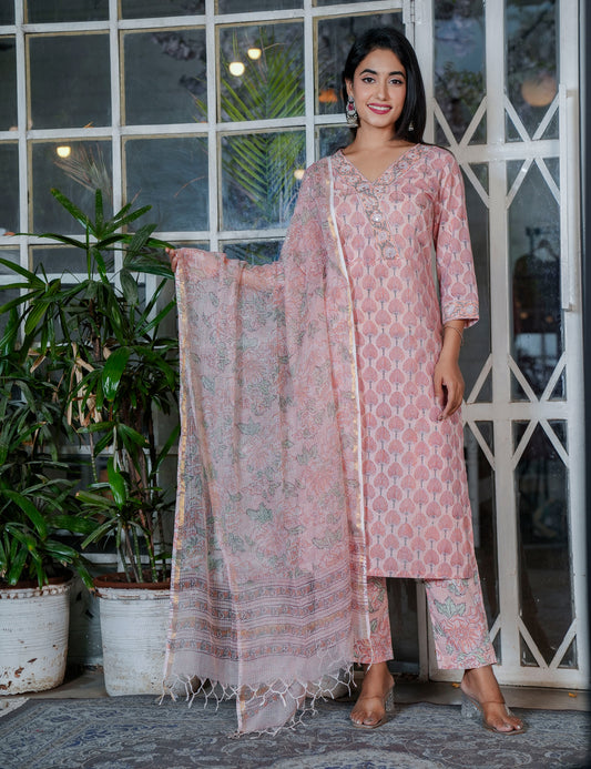 Blush Peach Tree Motif Hand Block Kurta Set – V-Neck Style with Kota Doria Dupatta - HL109