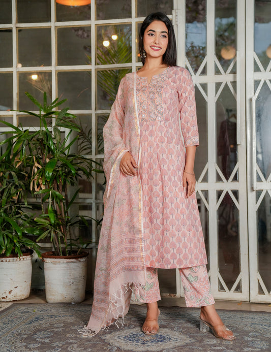 Light Pink Hand Block A-line Kurta Set with Kota Doria Dupatta - HL110
