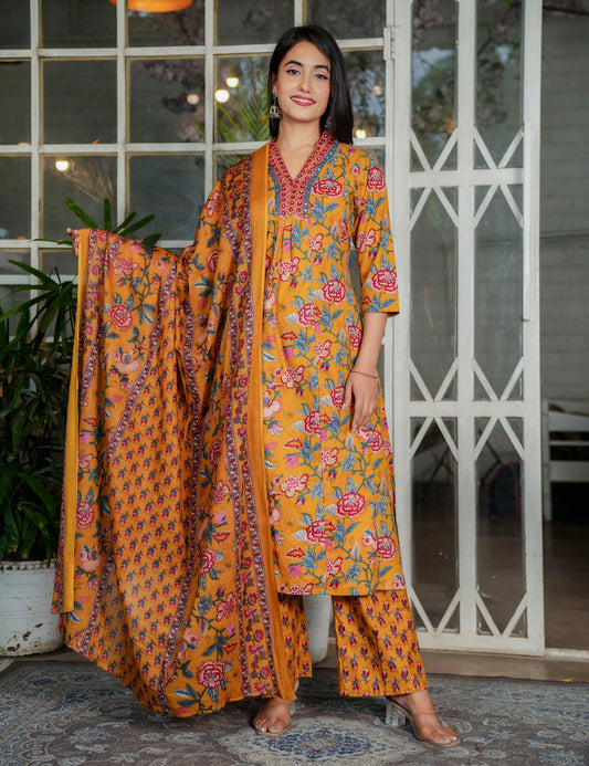 Mustard Rose Sanganeri Printed Straight Kurta Set with Embroidered Placket with Cotton Dupatta - HL115