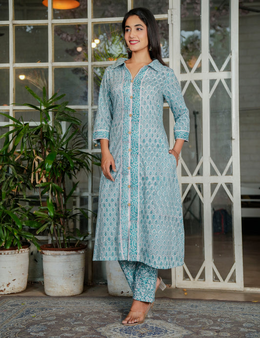 Powder Blue Teal Harmony Hand-Block Printed A-Line Shirt style Kurta Set - HL116