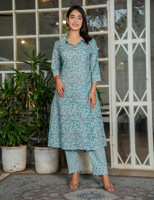 Teal Blossom Hand-Block Printed A-Line Shirt style Kurta Set with Button-Down Detail - HL117