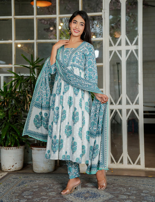 Blue Lotus Grace Sanganeri printed A-line V-neck Anarkali Style Kurta Set with Cotton Dupatta - HL118
