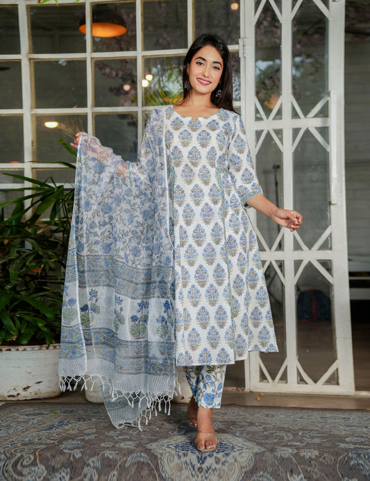 Ivory Blue-Green Hand-Block Printed A-Line Anarkali Style Cotton Kurta Set with Kota Doria Dupatta - HL119