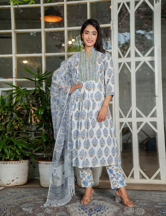 Blue-Grey Hand-Block Printed Floral A-line Anarkali Style Cotton Kurta Set with Kota Doria Dupatta - HL120