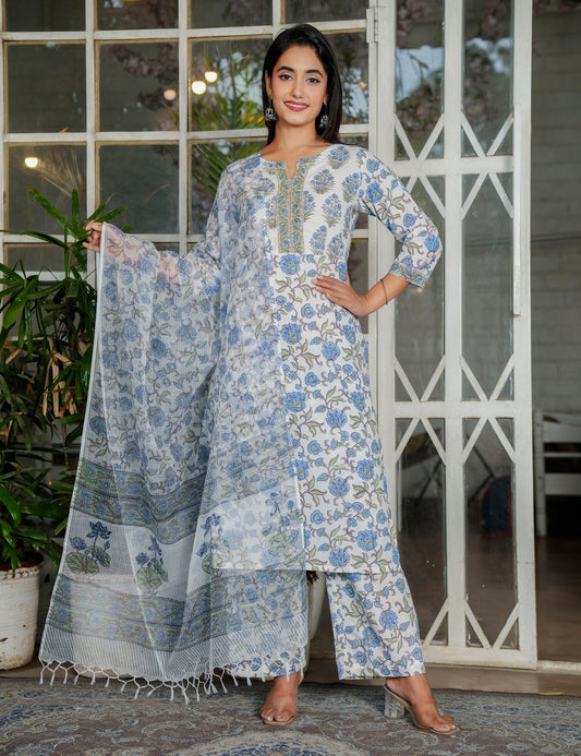 Blue-Grey Hand-Block Printed Floral Panel Cotton Straight cut Kurta Set with Embroidered Neckline and Kota Doria Dupatta - HL121