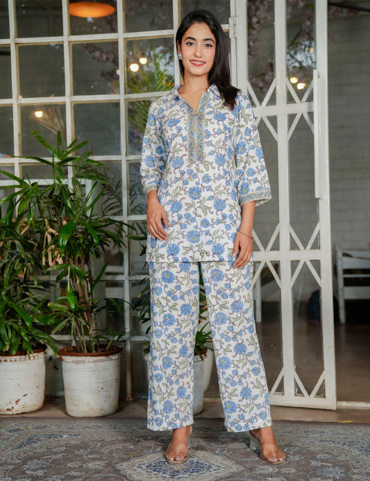 Blue Blossom Traditional Handblock Print Co-ord Set with Embroidered Neckline - HL122