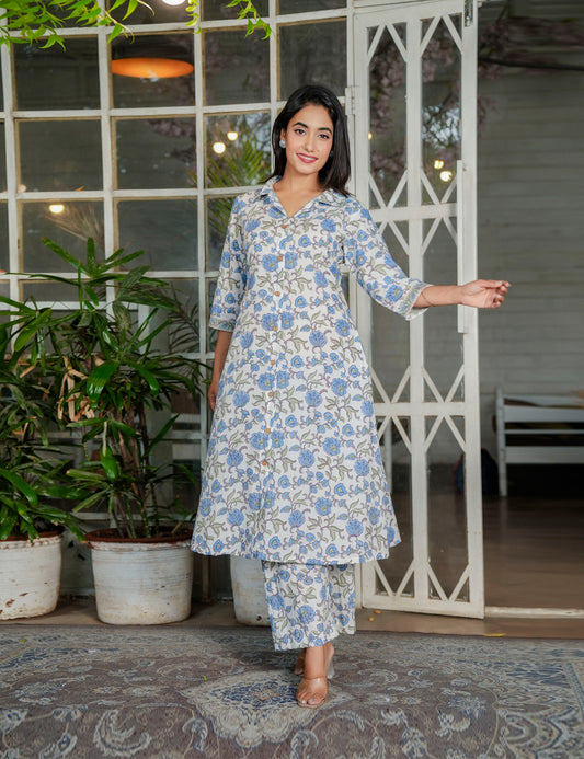 Blue Blossom Hand-Block Printed Shirt-Style Kurta Set with Button-Down Front & Pockets - HL123