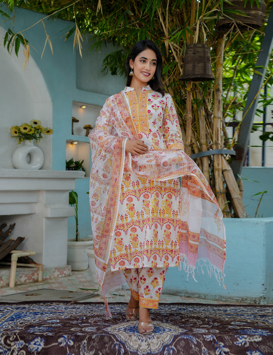 Hand Block Ethnic Floral Printed Cotton Kurta Set with Kota Doria Dupatta -HL11