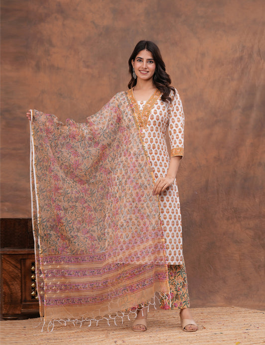 White base floral Hand-Block Printed Cotton Kurta Set with Kota Doria Dupatta - HL144