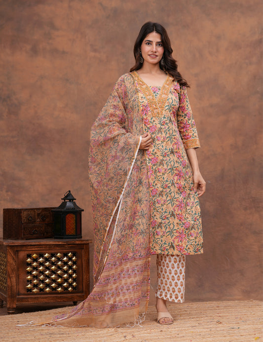 Beige base with an intricate all-over floral Hand-Block Printed Cotton Kurta Set with Kota Doria Dupatta - HL145
