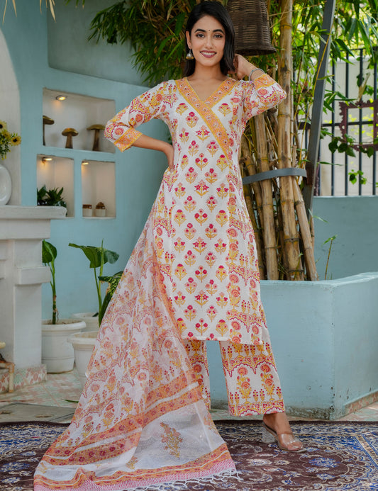 Hand-Block Floral Kurta Set with Kota Doria Dupatta - HL14