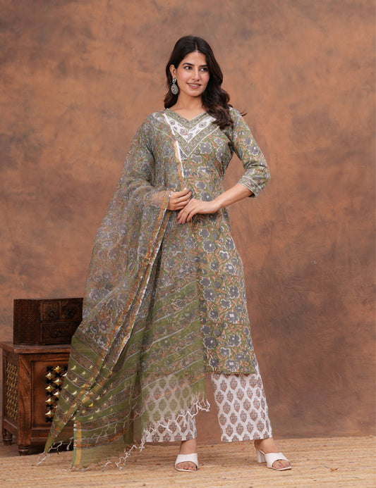 Olive green with muted undertones floral Hand-Block Printed Cotton Kurta Set with Kota Doria Dupatta - HL150