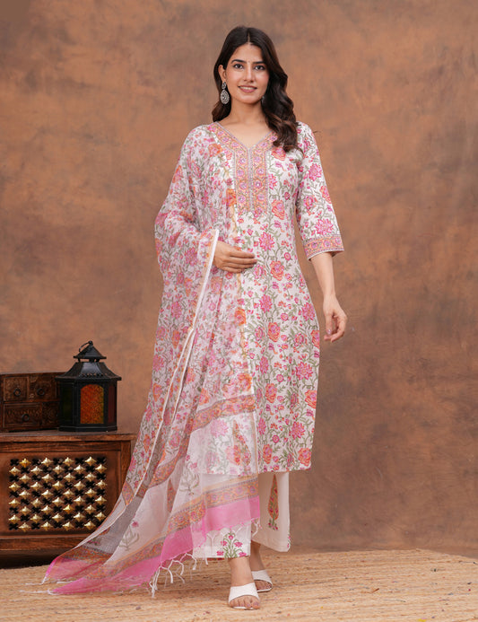 All-over floral print in shades of pink, peach Hand-Block Printed Cotton Kurta Set with Kota Doria Dupatta - HL151
