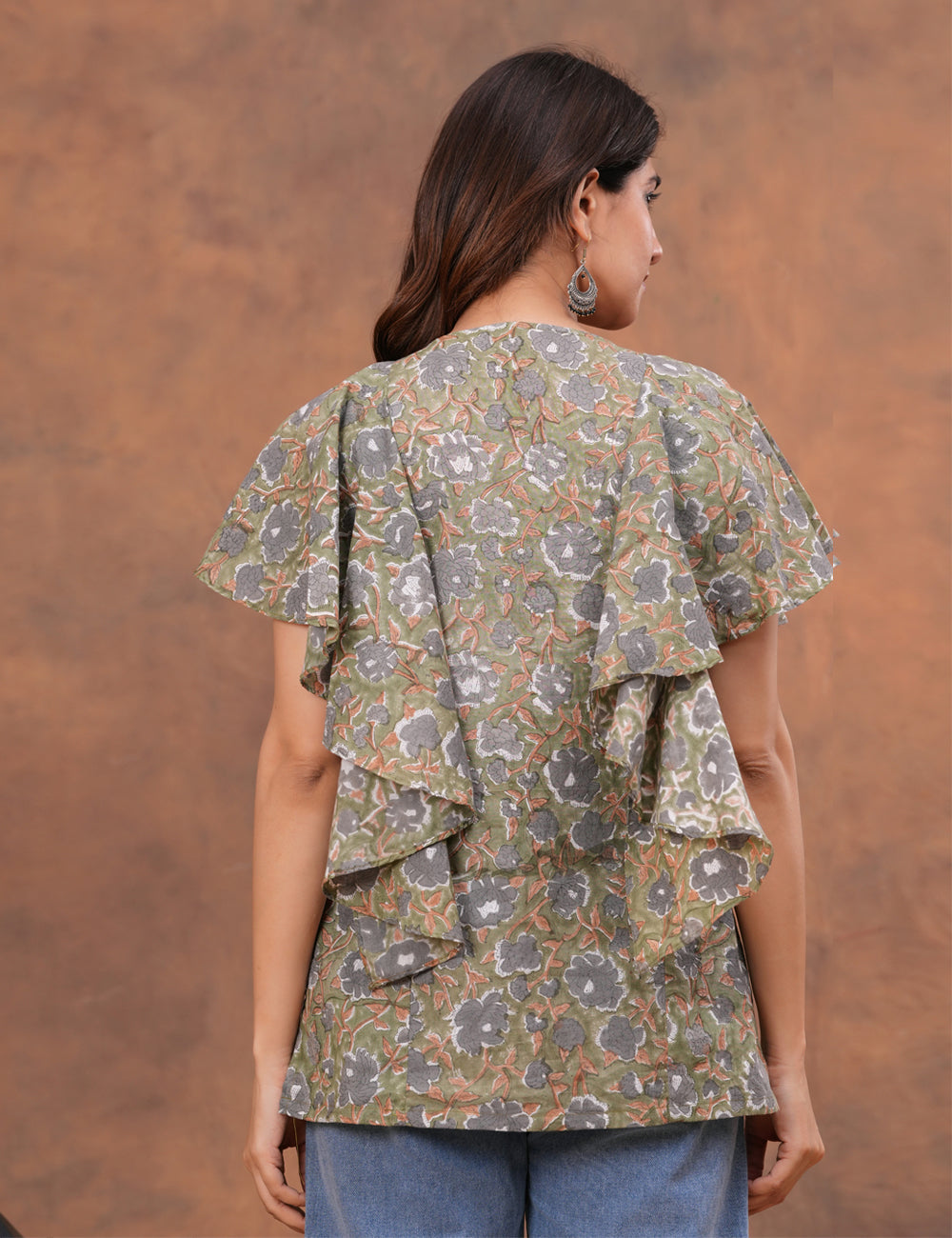 Stylish and contemporary ruffle-layered Hand Block Print Cotton Top - HL159