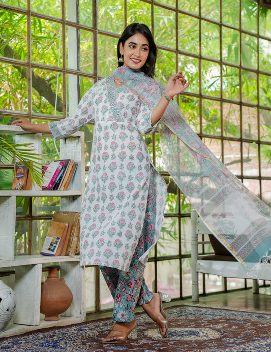 Hand Block Elegant Petal Cotton Angrakha Kurta Set with Kota Doria Dupatta -HL21