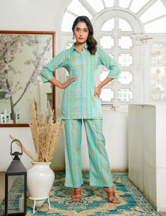 Mint Green Sanganeri Printed Relaxed Fit V-neck Cotton Co-ord Set - HL127