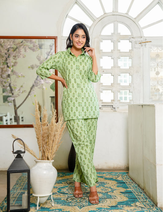 Charming light green Sanganeri Printed Relaxed Fit Cotton Co-ord Set - HL128
