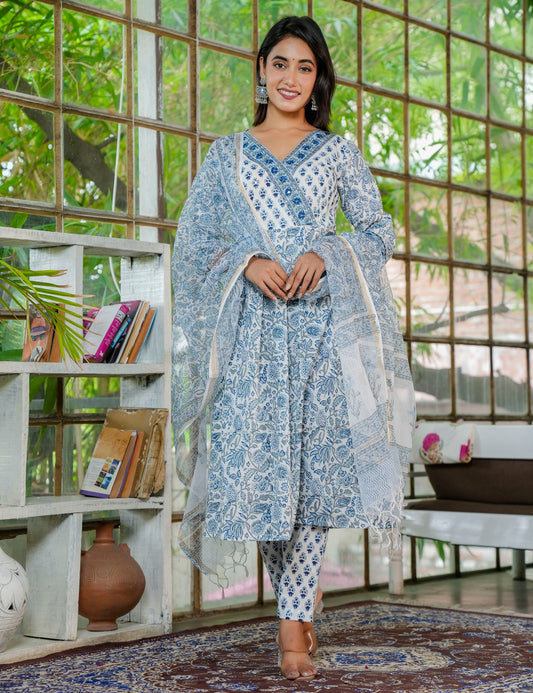 A-line Traditional Hand Block Kurta Set with Kota Doria Dupatta -HL28