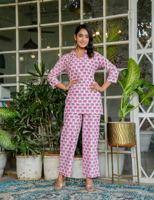 Vibrant Pink & Purple elephant print Sanganeri Printed Relaxed Fit Cotton Co-ord Set - HL129