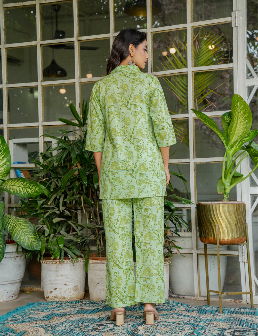 Light green Sanganeri Printed Relaxed Fit Shirt-style Cotton Co-ord Set - HL134