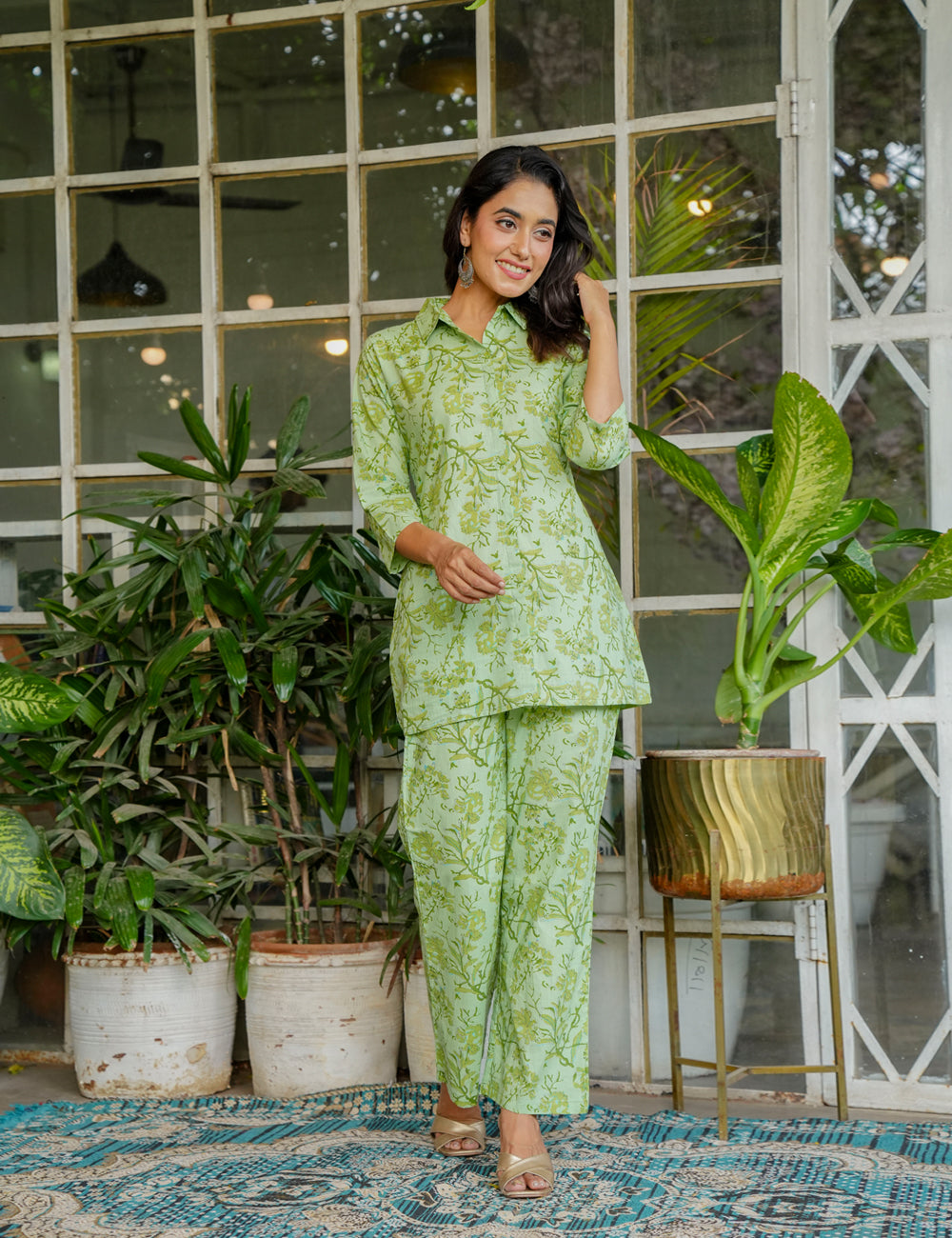 Light green Sanganeri Printed Relaxed Fit Shirt-style Cotton Co-ord Set - HL134
